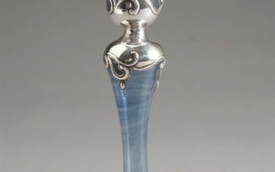 Silver Overlay Pale Blue Glass Candlestick, H: 7-7/8 in