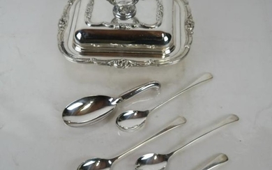 Silver Plate Covered Serving Dish & 5 Spoons
