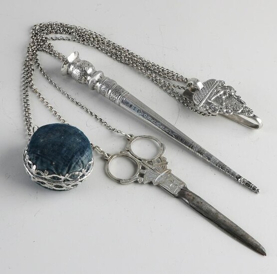 Silver skirt hook with chatelaine with pincushion