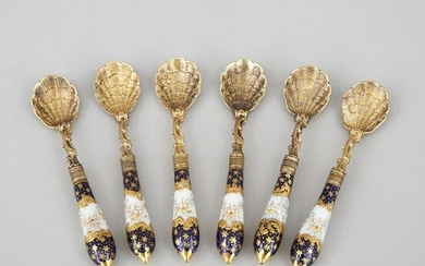 Six German Porcelain Handled Silver-Gilt Salt Spoons