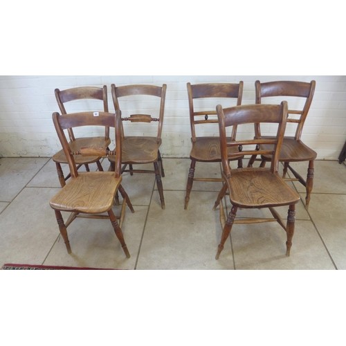 Six Victorian East Anglian ash and elm kitchen chairs, three...