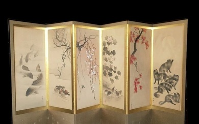 Six-fold byōbu (room divider) with paintings by various artists - Wood - Signed Unpō 雲鳳, Kinpō 菫峰, Seihō 青鳳 & Eishō 英章 - Japan - 20th - early (WW I)