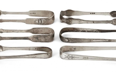 Six pairs of Georgian silver sugar tongs, comprising a William IV pair attractively decorated with bright cut engraving, c.1833, George Bindoff, two pairs with shell shoulders and points, including one Newcastle, c.1827, John Walton and three pairs...