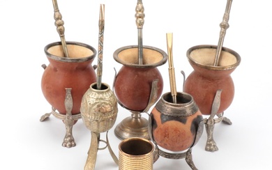 South American Gourd and Silver Plate and Other Yerba Mate Cups and Straws