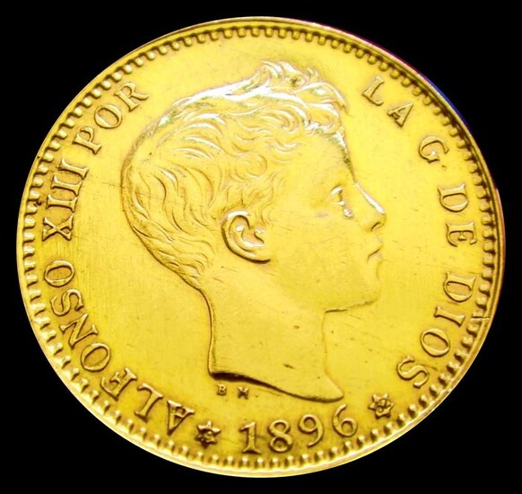 Spain - 20 pesetas - Alfonso XIII (1887-1890). Madrid, 1896* 62, Ensayador MP-M. Reacuñación oficial Francisco Franco - Gold