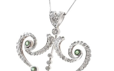 Special Design gold pendant pendant set with 1.5CT diamonds & 0.50CT Emeralds. - 14 kt. White gold - Necklace with pendant