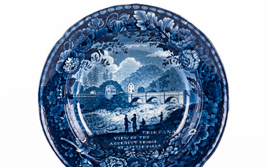 Staffordshire Historical Blue Transfer-decorated "View of the Aqueduct Bridge at Little Falls" Soup Plate