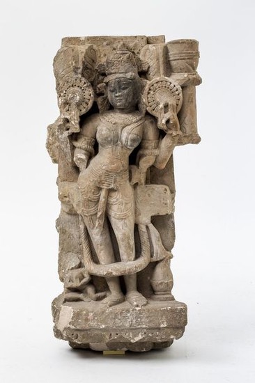 Standing deity. Sandstone, fully sculptured. Standing female figure...