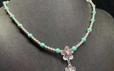 Sterling Silver Flower Necklace Turquoise Beads