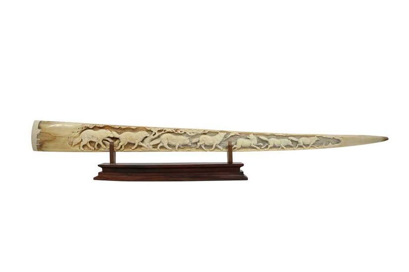 TAXIDERMY/ NATURAL HISTORY: CARVED SWORDFISH (XIPHIAS GLADIUS) BILL ON WOODEN DISPLAY STAND