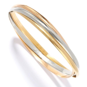 TRI COLOUR GOLD BANGLE in 18ct gold, comprising of