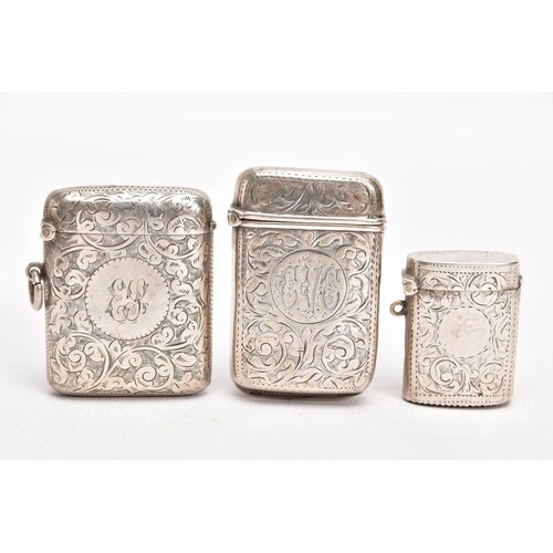 TWO LATE VICTORIAN SILVER VESTAS AND AN EDWARDIAN SILVER VES...