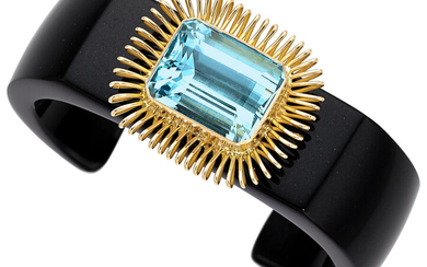 Tasha Aquamarine, Jadeite Jade, Gold Bracelet Stones: Emerald-cut aquamarine...