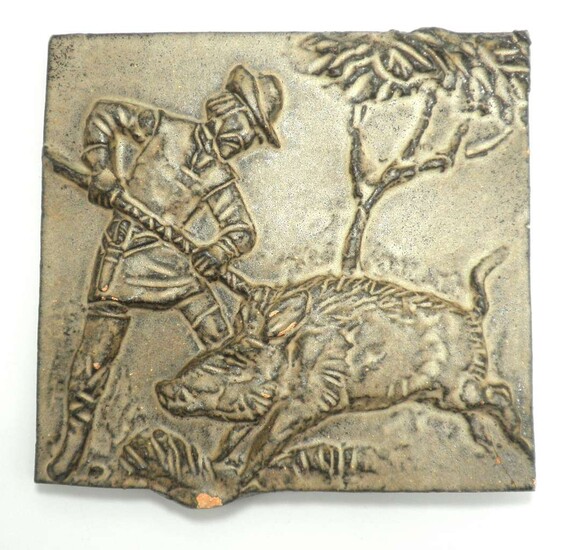 The Farmer Hunting the Wild Boar - Old European Ceramic Plaque