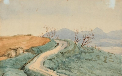 SOLD. Thorald Læssøe: A road through mountainous landscape. Signed with monogram. Pencil and watercolour on...