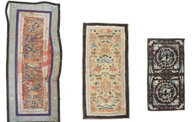 Three Chinese Silk Embroideries, early 20th c., unframed, Smallest- H.- 16 3/8 in., W.- 8 in.;