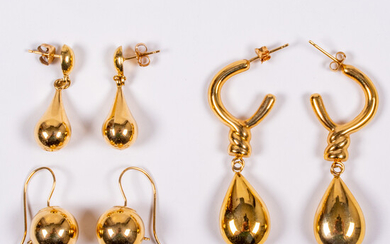 Three Pairs of 14kt Yellow Gold Earrings