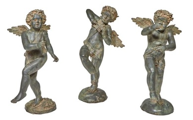 Three Patinated Bronze Musical Winged Putti Garden Figures, 20th c., Cymbals- H.- 36 in., W.- 16