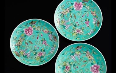 Three turquoise-ground famille rose 'floral' plates, Republic period