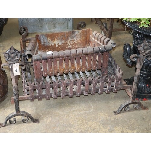 Three wrought iron fire baskets and a pair of dogs, largest ...