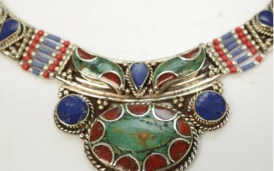 Tibetan Tribal Silver and Multistone Inlay Necklace with Turquoise Coral Lapis