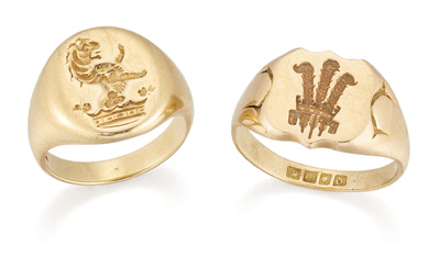 Two 18ct gold signet rings, comprising: a shield shaped ring,...