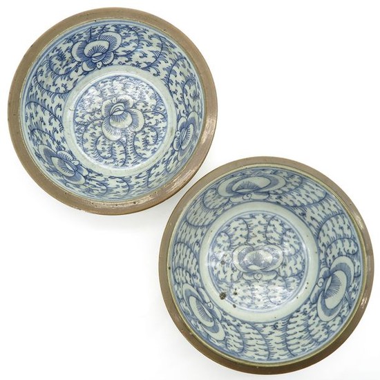 Two Blue and White Rice Bowls