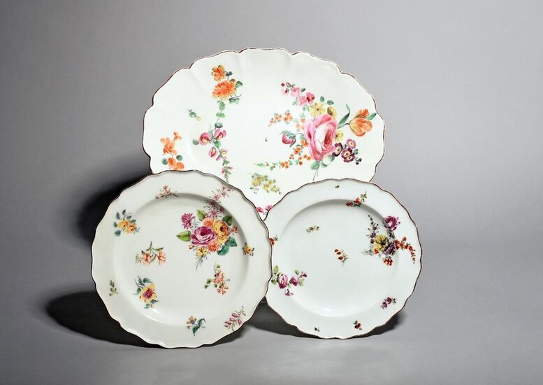 Two Chelsea plates and a dish c.1753-56, the...