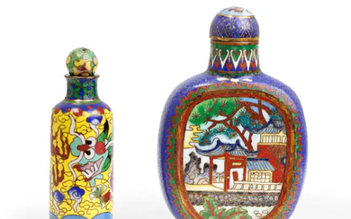 Two Chinese cloisonné-enamel snuff bottles and stoppers Late Qing dynasty Comprising a...