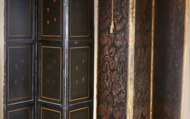 Two Painted Leather Three-Panel Screens