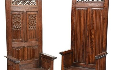 Two Similar Gothic Carved Stall Chairs