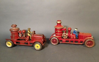Two Vintage Cast Iron Fire Pump Trucks