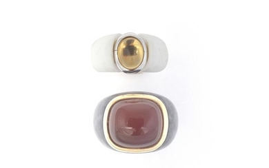 Two White Agate, Gray Chalcedony, Carnelian, Cabochon Citrine, Gold and Silver Rings