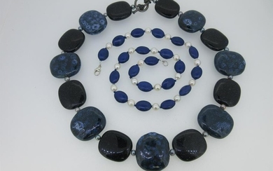 Two cultured pearl and blue hardstone necklaces