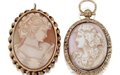 Two gold mounted shell cameo brooches, one early 20th century of oval form depicting a female profile with in gold ribbon twist mount, length 4.1cm; the other depicting the classical profile of Flora, in adapted early 19th century gold mount with...