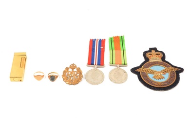Two gold signet rings, WW2 medals, RAF badge and patch, and Dunhill lighter.