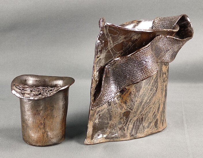 Two modern vases, ceramic, glazed in silver, height 20 cm and height 10 cm