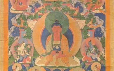 Un thangka tibétain du 19ème siècle ou antérieur, monté sur soie, 49cm x 41cm