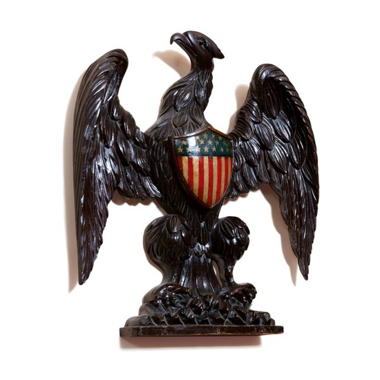 VERY FINE CARVED AND POLYCHROME PAINT-DECORATED WOOD CENTENNIAL SPREAD-WINGED AMERICAN EAGLE WITH SHIELD WALL PLAQUE, CIRCA 1840
