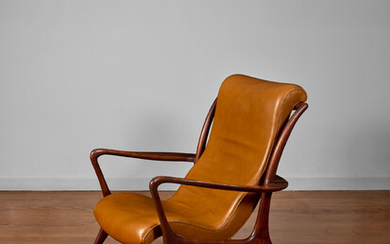 VLADIMIR KAGAN (1927-2016) Contour Lounge Chaircirca 1956model no. 175-E, Vladimir Kagan Designs, Inc., walnut, leather upholsteryheight 36 1/2in (93cm); width 33in (84cm); depth 30 1/2in (77cm)