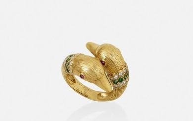 Van Cleef & Arpels, Gold and gem-set twin duck ring