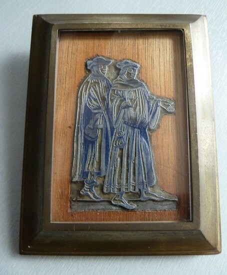 Very rare antique liturgical printing motif in a bronze frame (1) - Bronze, metal, wood and glass
