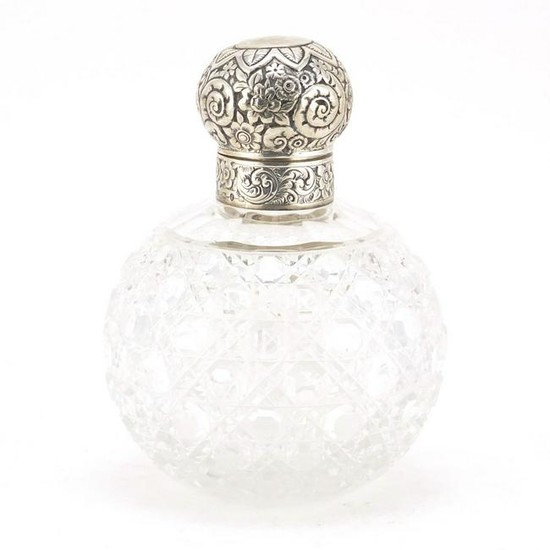 Victorian globular cut glass scent bottle with hinged