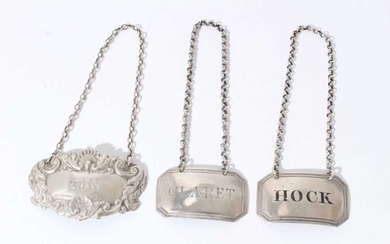Victorian silver Hock label, Claret label and a contemporary silver gin label (2)2
