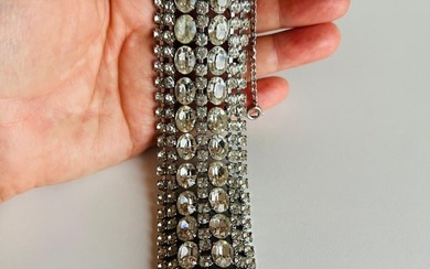 Vintage 7 Rows Wide Rhinestone Silver Tone Glam Bracelet Safety Clasp