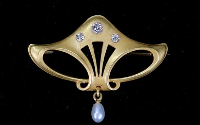 Vintage Art Nouveau 18k Gold, Diamond & Pearl Pin