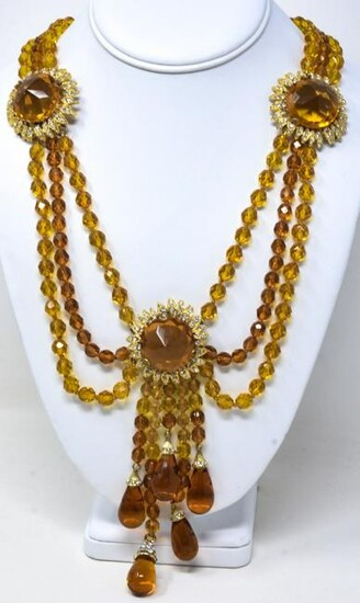 Vintage Costume Jewelry Citrine Glass Necklace
