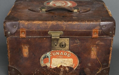 Vintage English Leather Suitcase, Cunard Labels