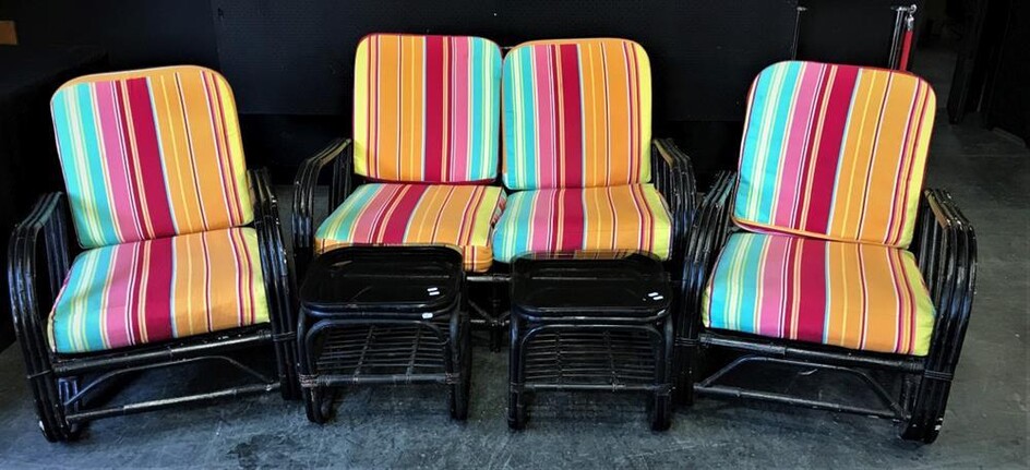 Vintage Painted 5 Piece Cane Lounge Suite inc 2 Seater, 2 Armchairs and 2 Glass Top Side Tables (82 x w:119 x d:97cm)