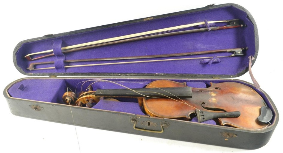 Violin with Stradivarius? label, with bows and case in need ...